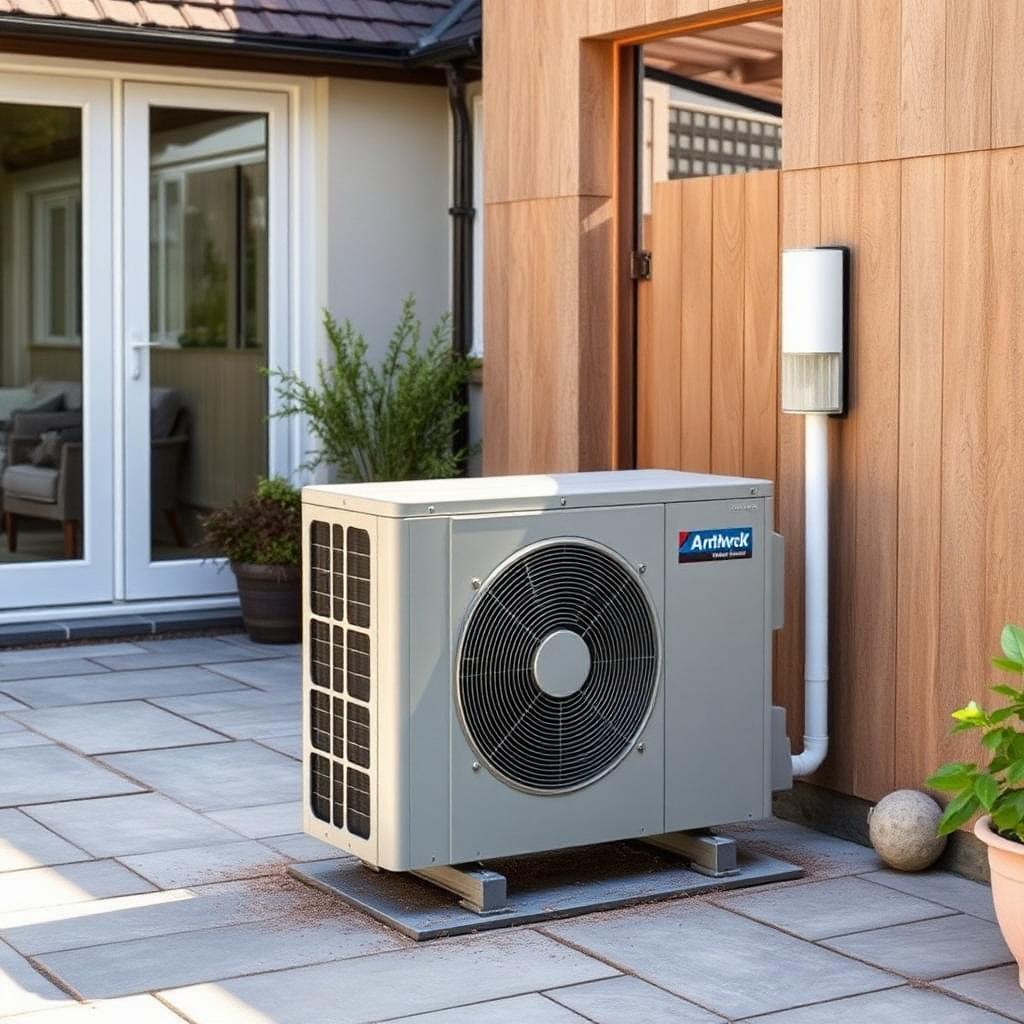 External heat pump unit on patio